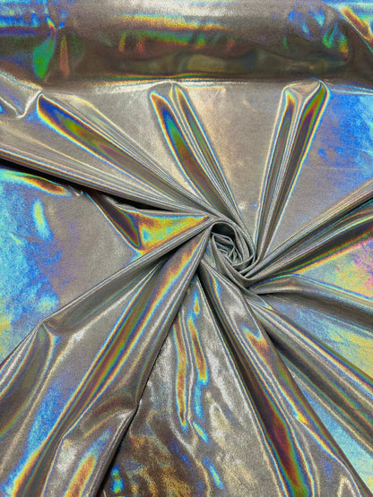 Oil slick design iridescent white silver foggy foil hologram metallic nylon spandex 4-way stretch 58/60” Sold by the YD.