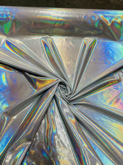 Oil slick design iridescent white silver foggy foil hologram metallic nylon spandex 4-way stretch 58/60” Sold by the YD.