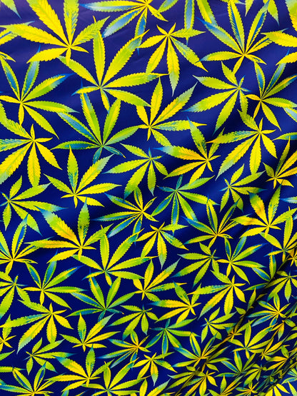 Marihuana leaf design multicolor print on best quality of nylon spandex 4-way stretch 58/60” Sold by the YD. Ships worldwide from L.A