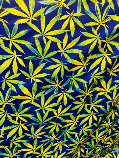 Marihuana leaf design multicolor print on best quality of nylon spandex 4-way stretch 58/60” Sold by the YD. Ships worldwide from L.A