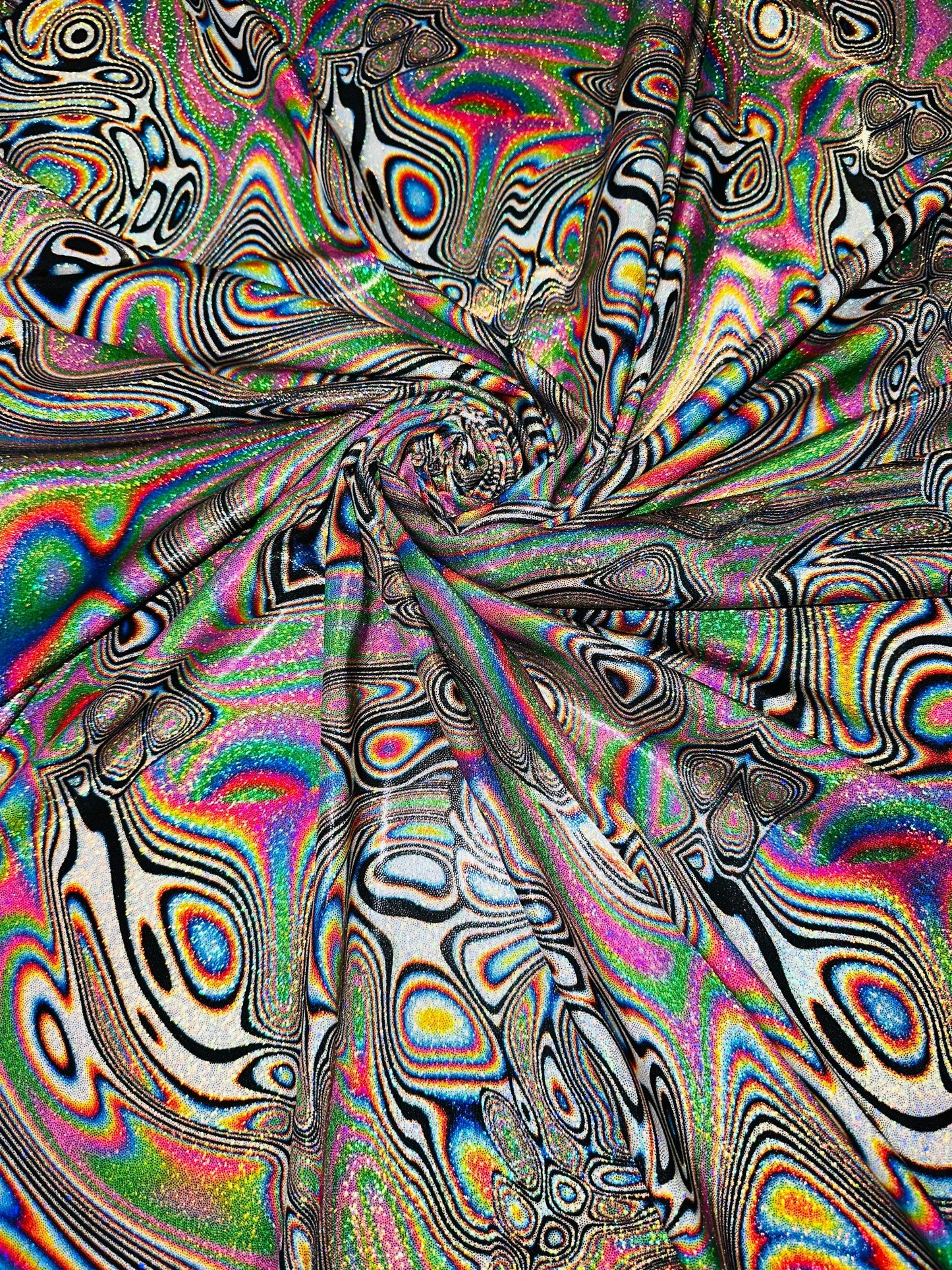 New modern abstract design multicolor print on great quality of hologram metallic nylon spandex with foggy foil 4-way stretch 58/60”