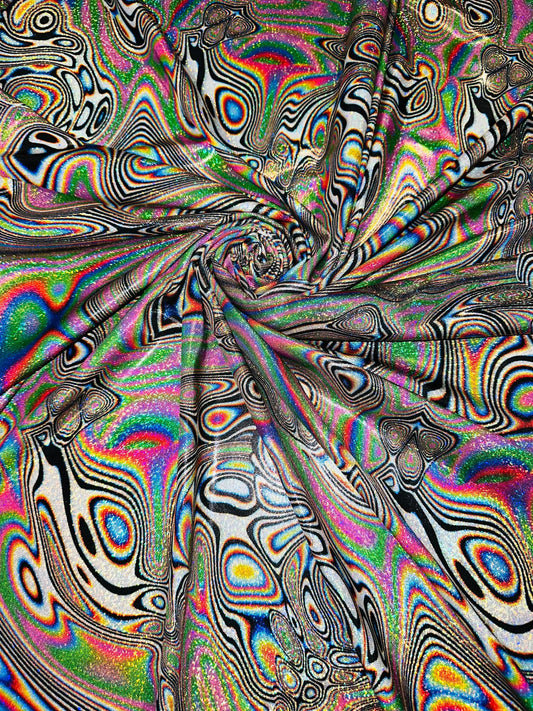 New modern abstract design multicolor print on great quality of hologram metallic nylon spandex with foggy foil 4-way stretch 58/60”