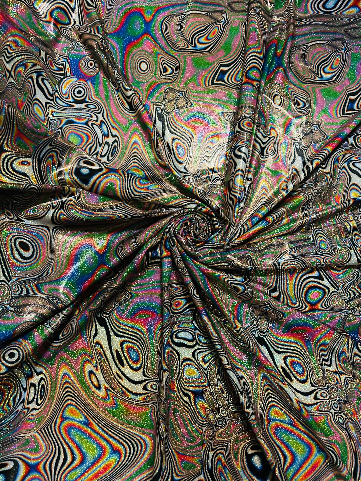New modern abstract design multicolor print on great quality of hologram metallic nylon spandex with foggy foil 4-way stretch 58/60”