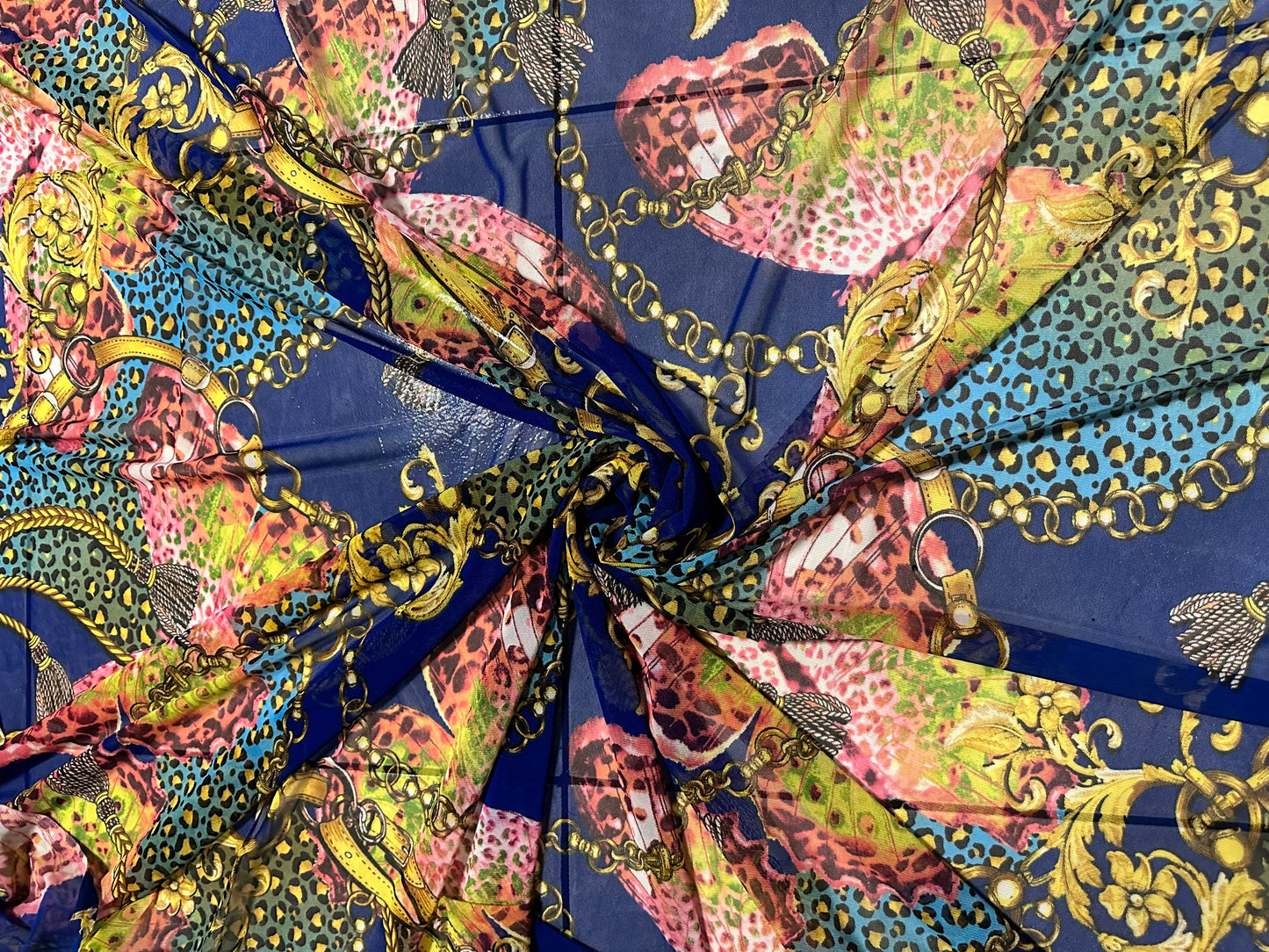 New fashion brand design sapphire/Multi print on great quality of power mesh 4-way stretch 58/60” Sold by the YD. Ships worldwide from Los
