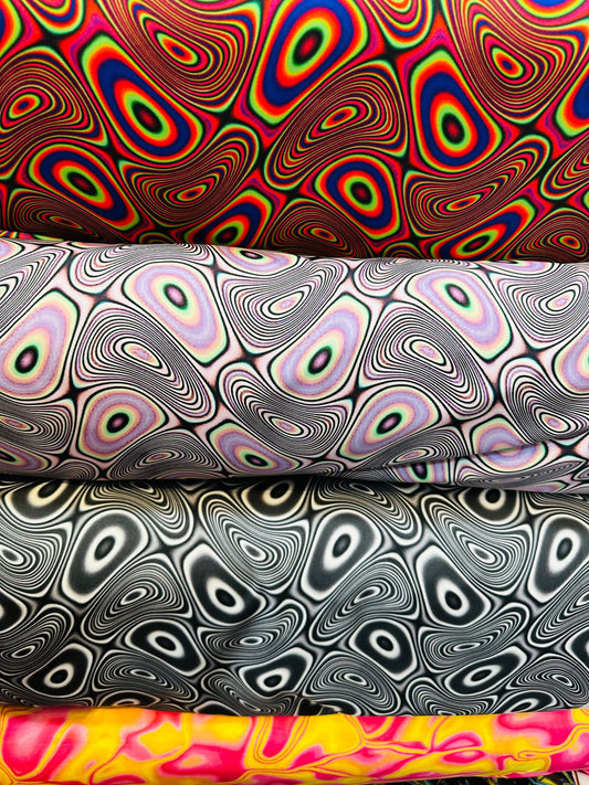 Modern Psychedelic lava design print on great quality of nylon spandex;-way stretch 58/60” Sold by the YD. Ships worldwide from L.A