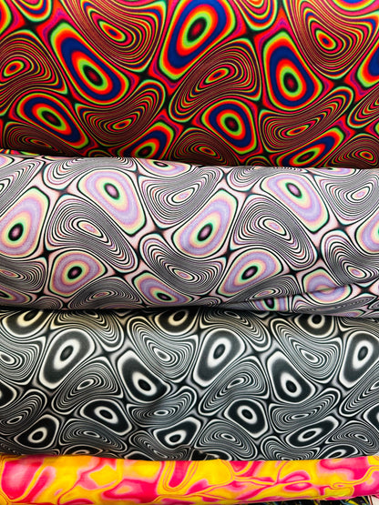Modern Psychedelic lava design print on great quality of nylon spandex;-way stretch 58/60” Sold by the YD. Ships worldwide from L.A