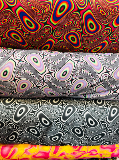 Modern Psychedelic lava design print on great quality of nylon spandex;-way stretch 58/60” Sold by the YD. Ships worldwide from L.A