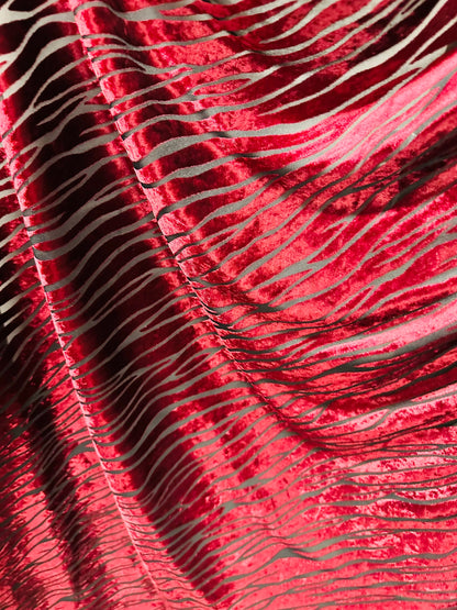Exotic zebra design Merlot color luxury burnout stretch velvet 2-way stretch 58/60” Sold by the YD.