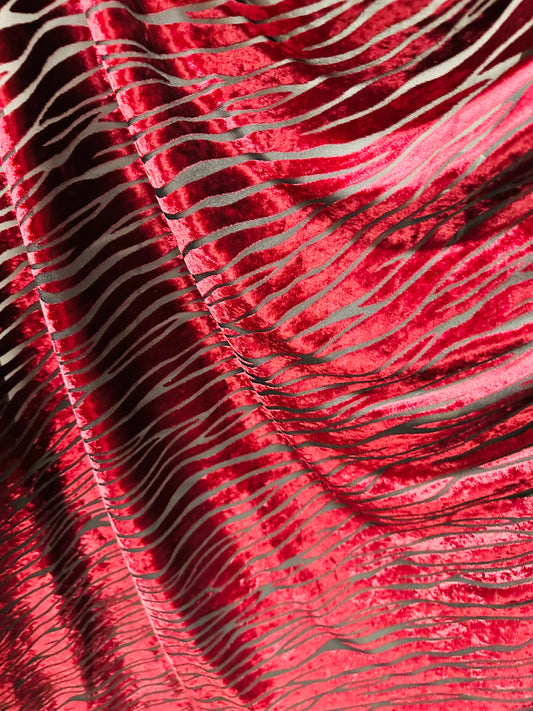 Exotic zebra design Merlot color luxury burnout stretch velvet 2-way stretch 58/60” Sold by the YD.