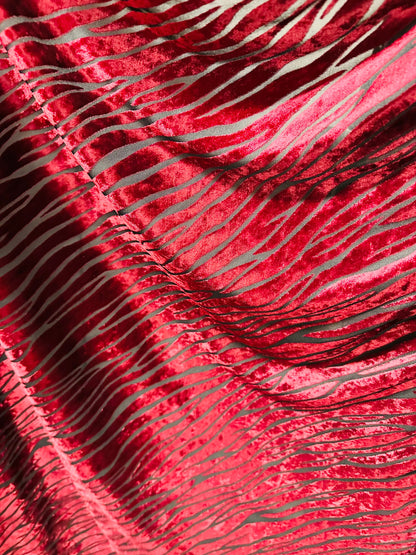 Exotic zebra design Merlot color luxury burnout stretch velvet 2-way stretch 58/60” Sold by the YD.