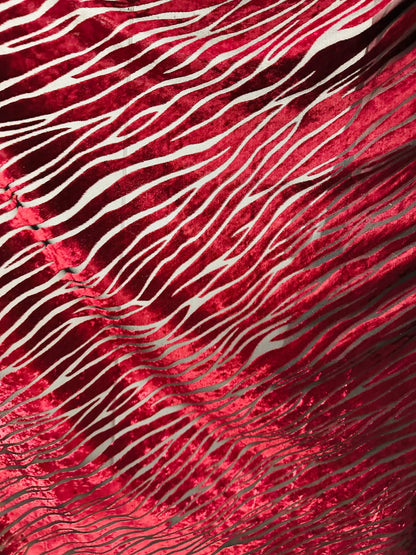 Exotic zebra design Merlot color luxury burnout stretch velvet 2-way stretch 58/60” Sold by the YD.