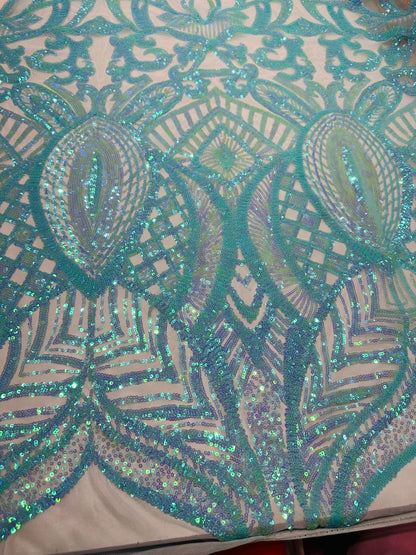 New Luxury Jlo sequins design Tiffany blue embroidered on stretch power mesh  4-way stretch 55/57” Sold by the YD. Ships worldwide from L.A