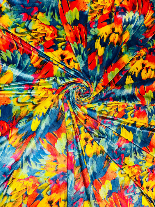 New Feathers abstract design colorful print on best quality of stretch velvet 4-way stretch 58/60” Sold by the YD.