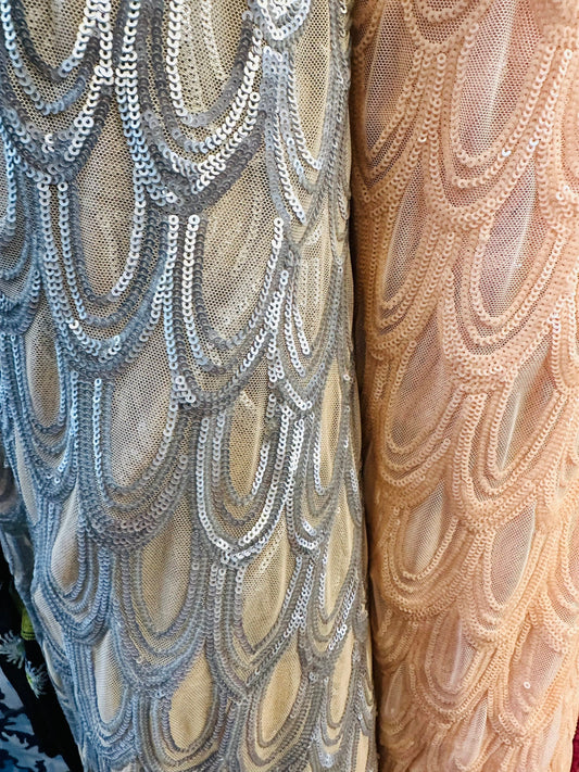 New Luxury peacock design embroidered sequins on stretch power mesh 4-way stretch 58/60”