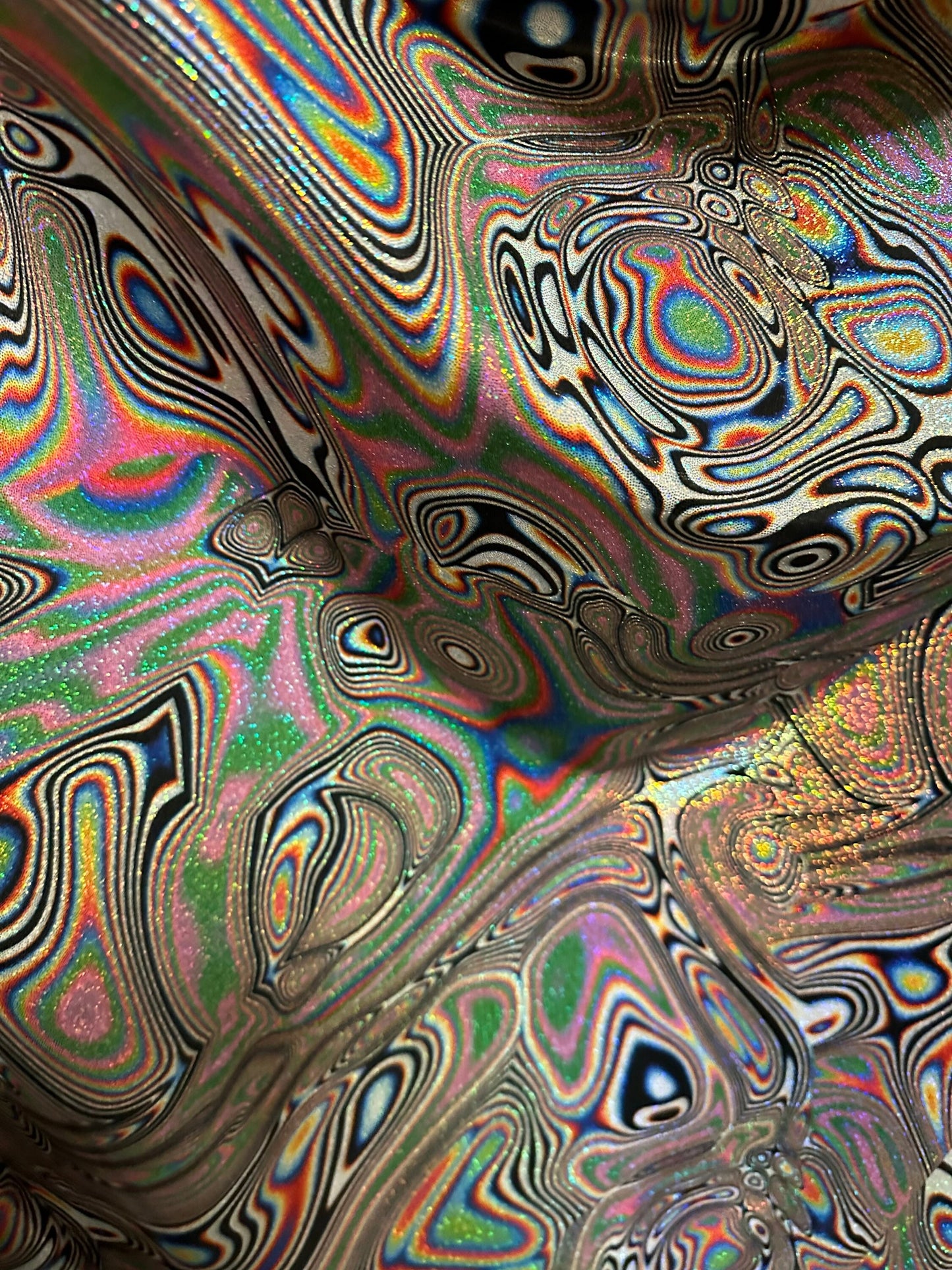 New modern abstract design multicolor print on great quality of hologram metallic nylon spandex with foggy foil 4-way stretch 58/60”