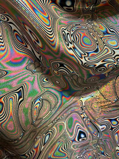 New modern abstract design multicolor print on great quality of hologram metallic nylon spandex with foggy foil 4-way stretch 58/60”