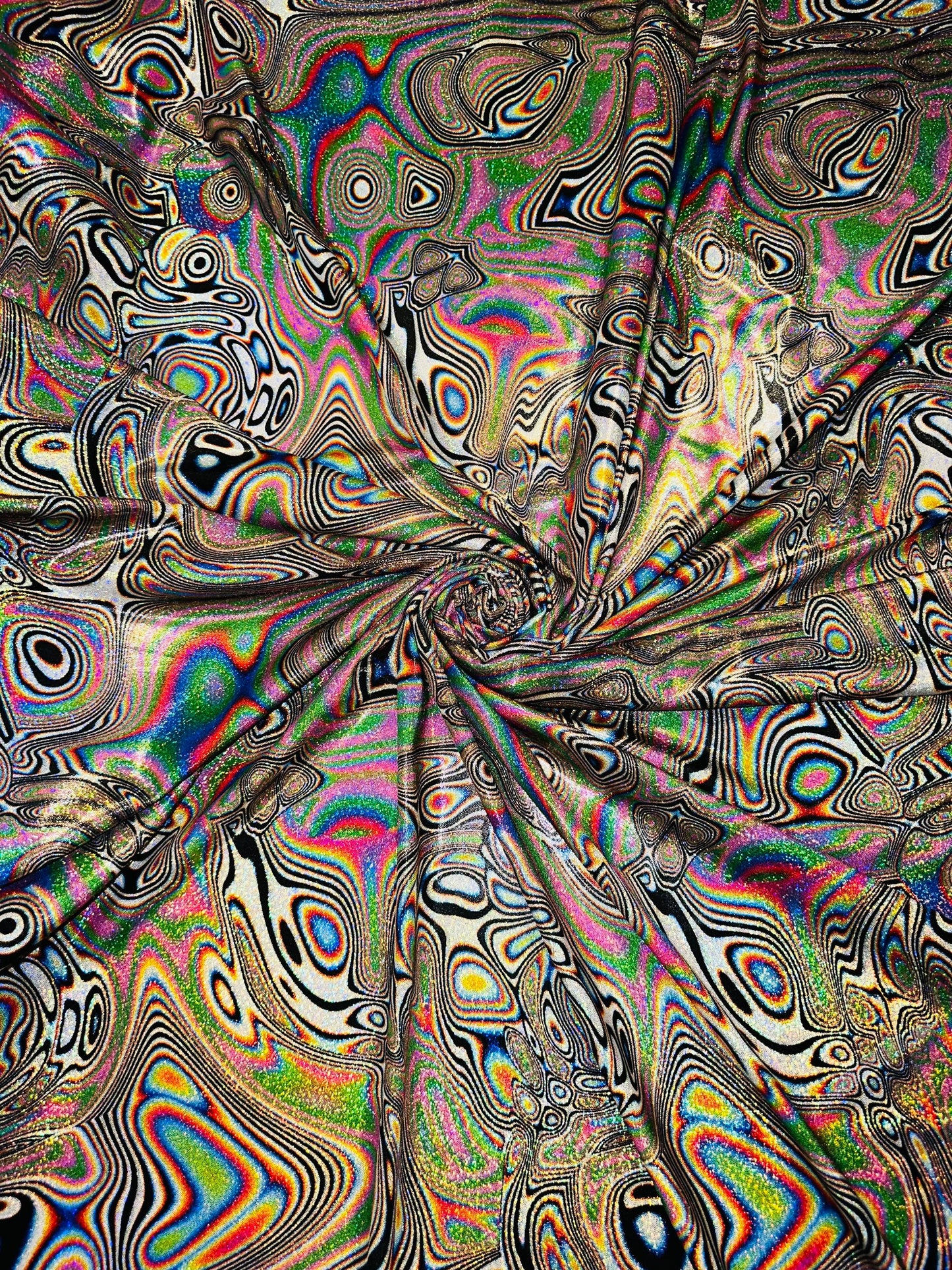New modern abstract design multicolor print on great quality of hologram metallic nylon spandex with foggy foil 4-way stretch 58/60”