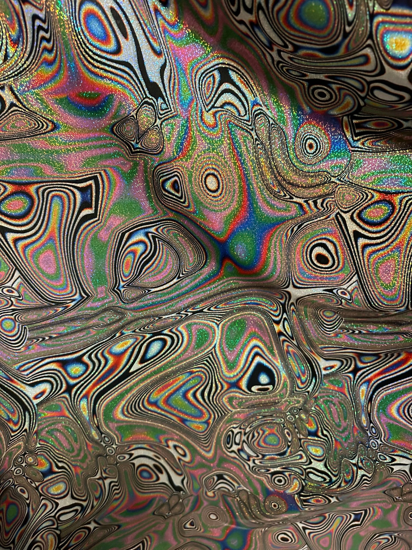 New modern abstract design multicolor print on great quality of hologram metallic nylon spandex with foggy foil 4-way stretch 58/60”