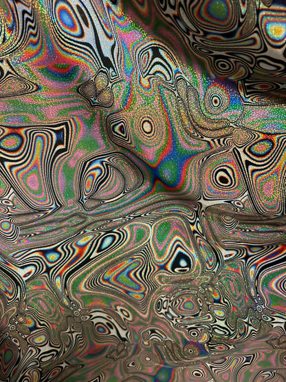 New modern abstract design multicolor print on great quality of hologram metallic nylon spandex with foggy foil 4-way stretch 58/60”