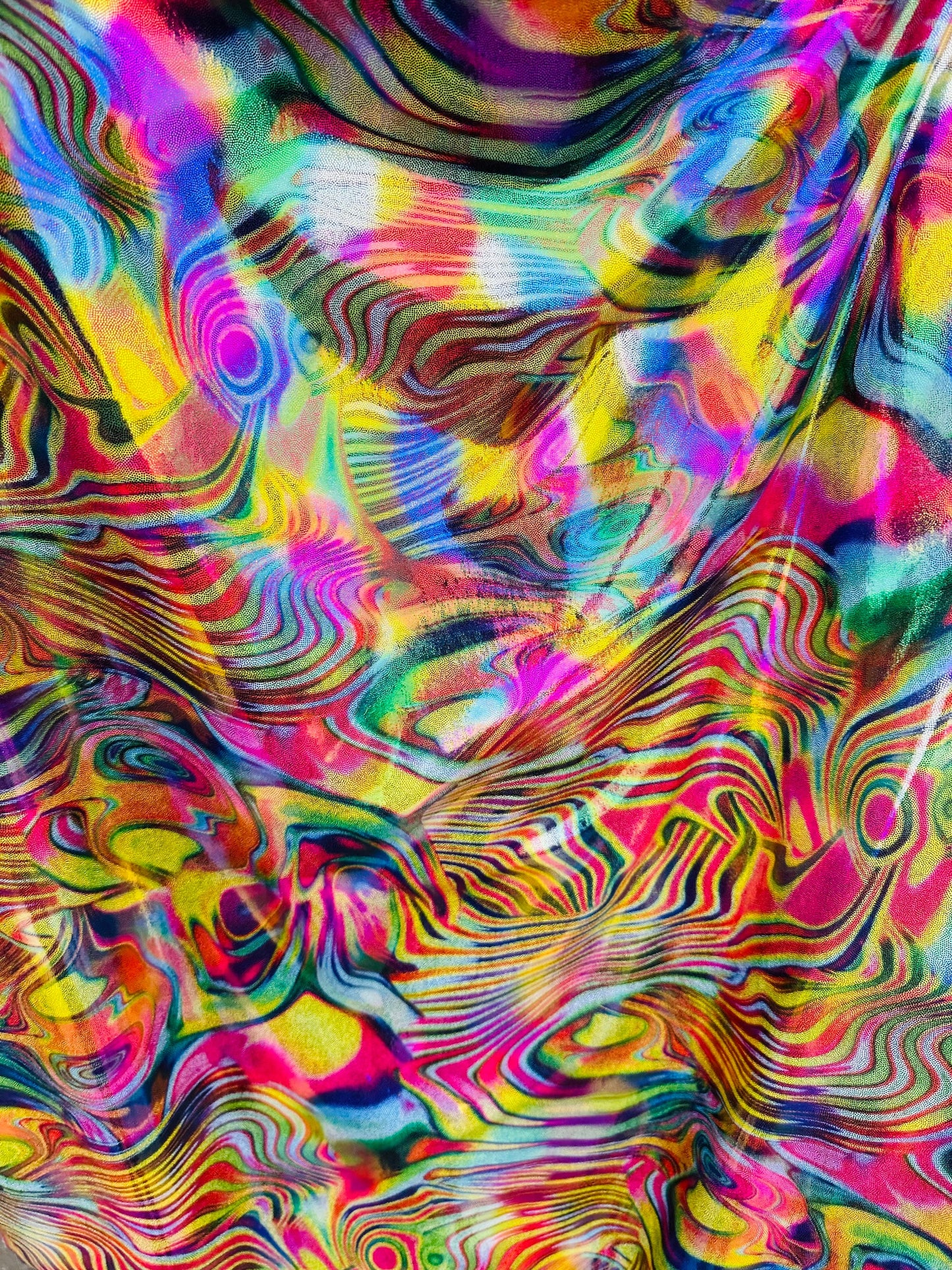 New Modern abstract Lava design hologram metallic nylon spandex 4-way stretch 58/60” Sold by the YD. Ships worldwide from Los Angeles
