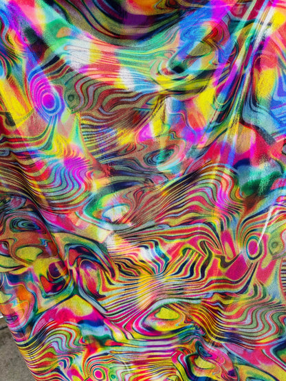 New Modern abstract Lava design hologram metallic nylon spandex 4-way stretch 58/60” Sold by the YD. Ships worldwide from Los Angeles