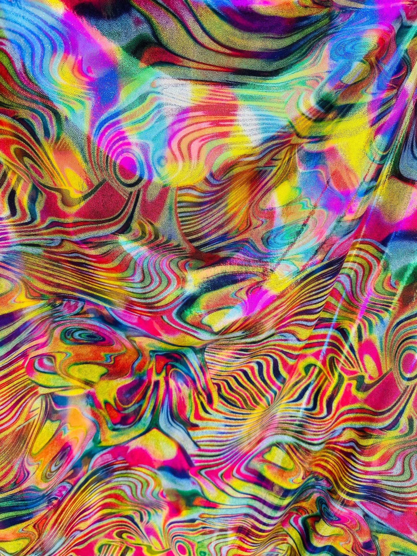 New Modern abstract Lava design hologram metallic nylon spandex 4-way stretch 58/60” Sold by the YD. Ships worldwide from Los Angeles