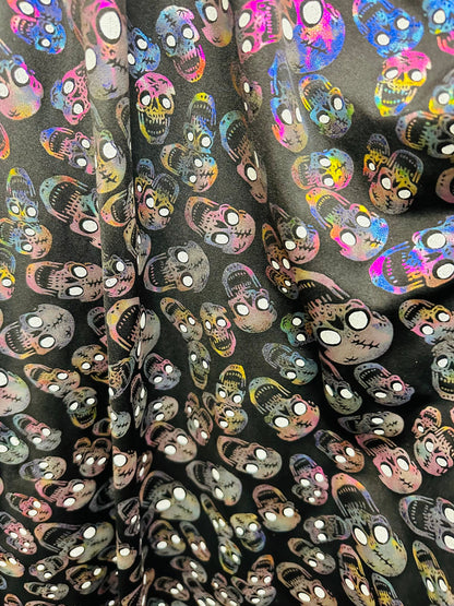 New Terminator skulls design multicolor metallic nylon spandex 4-way stretch 58/60” Sold by the YD.