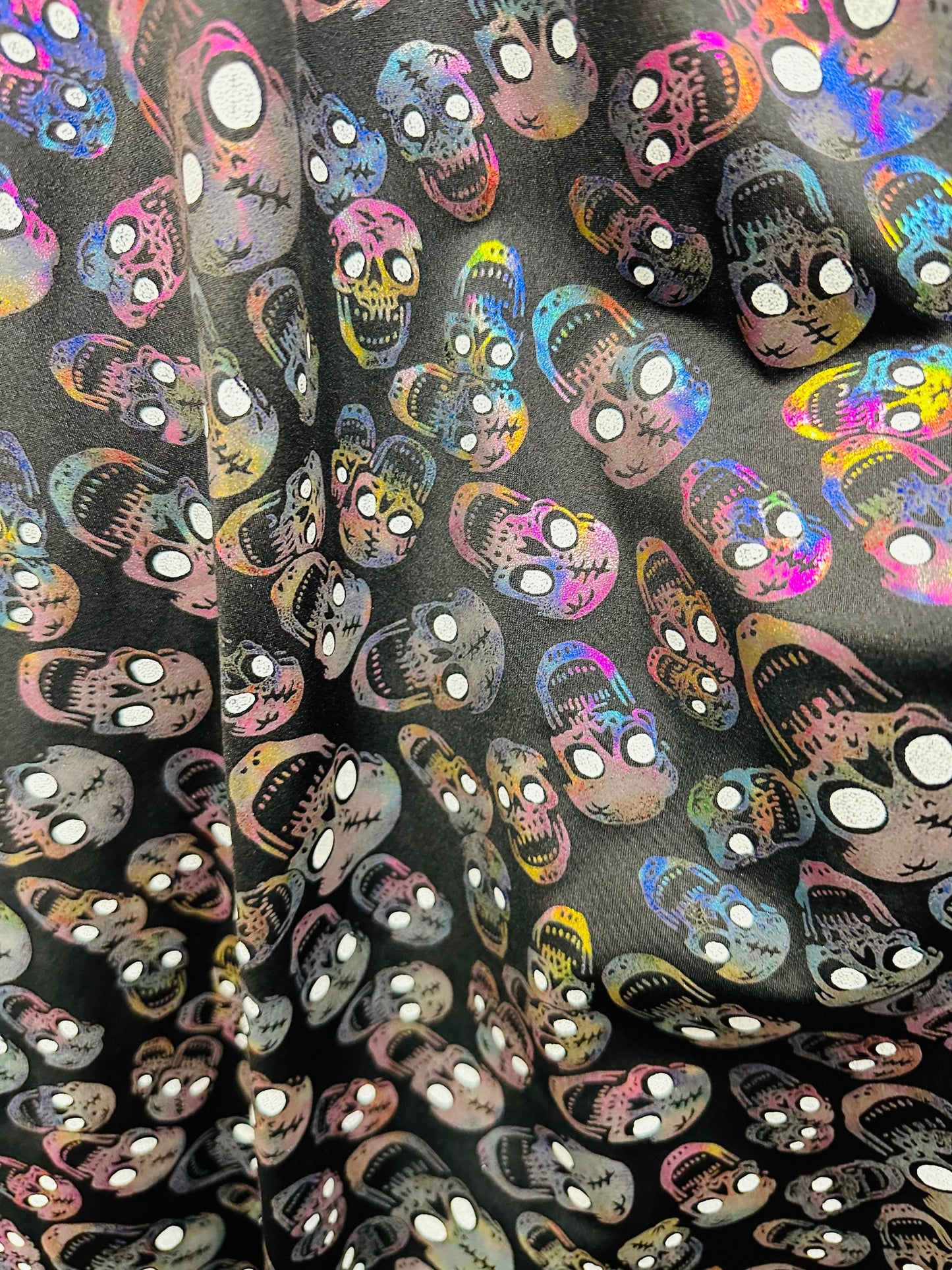New Terminator skulls design multicolor metallic nylon spandex 4-way stretch 58/60” Sold by the YD.