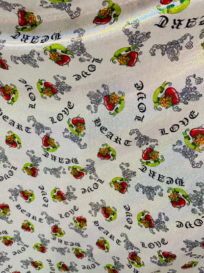 Luxury Love Heart design print on hologram metallic nylon spandex with foggy foil 4-way stretch 58/60”