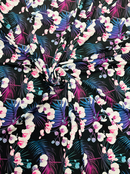 New tropical floral design print on best quality of nylon spandex 4-way stretch 58/60” Sold by the YD.