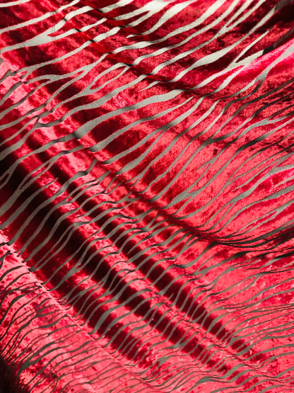 Exotic zebra design Merlot color luxury burnout stretch velvet 2-way stretch 58/60” Sold by the YD.