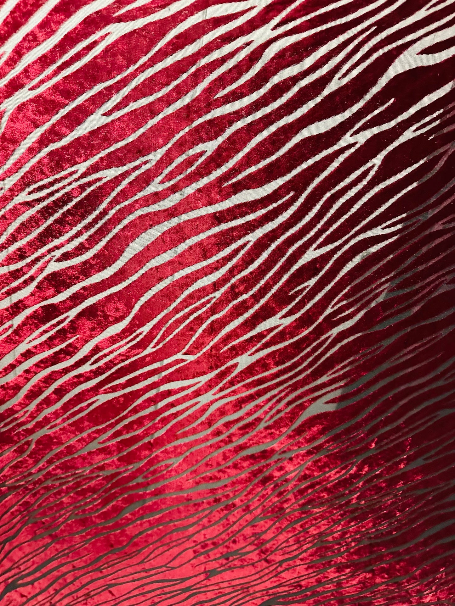 Exotic zebra design Merlot color luxury burnout stretch velvet 2-way stretch 58/60” Sold by the YD.