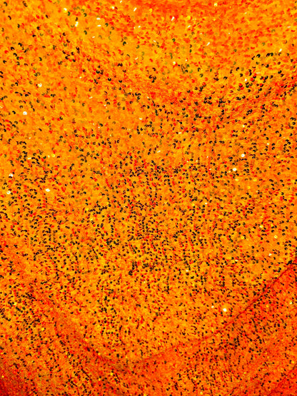 Luxury Iridescent sequins neon orange embroidered on stretch velvet 4-way stretch 58/60” Sold by the YD.