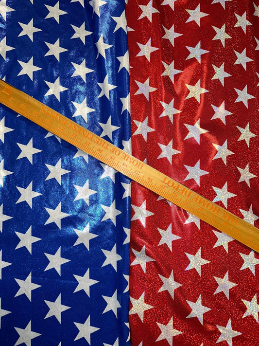 Stars freedom design print on hologram nylon spandex 4-way stretch 58/60” Sold by the YD. High quality fabrics by AlexLAFabrics