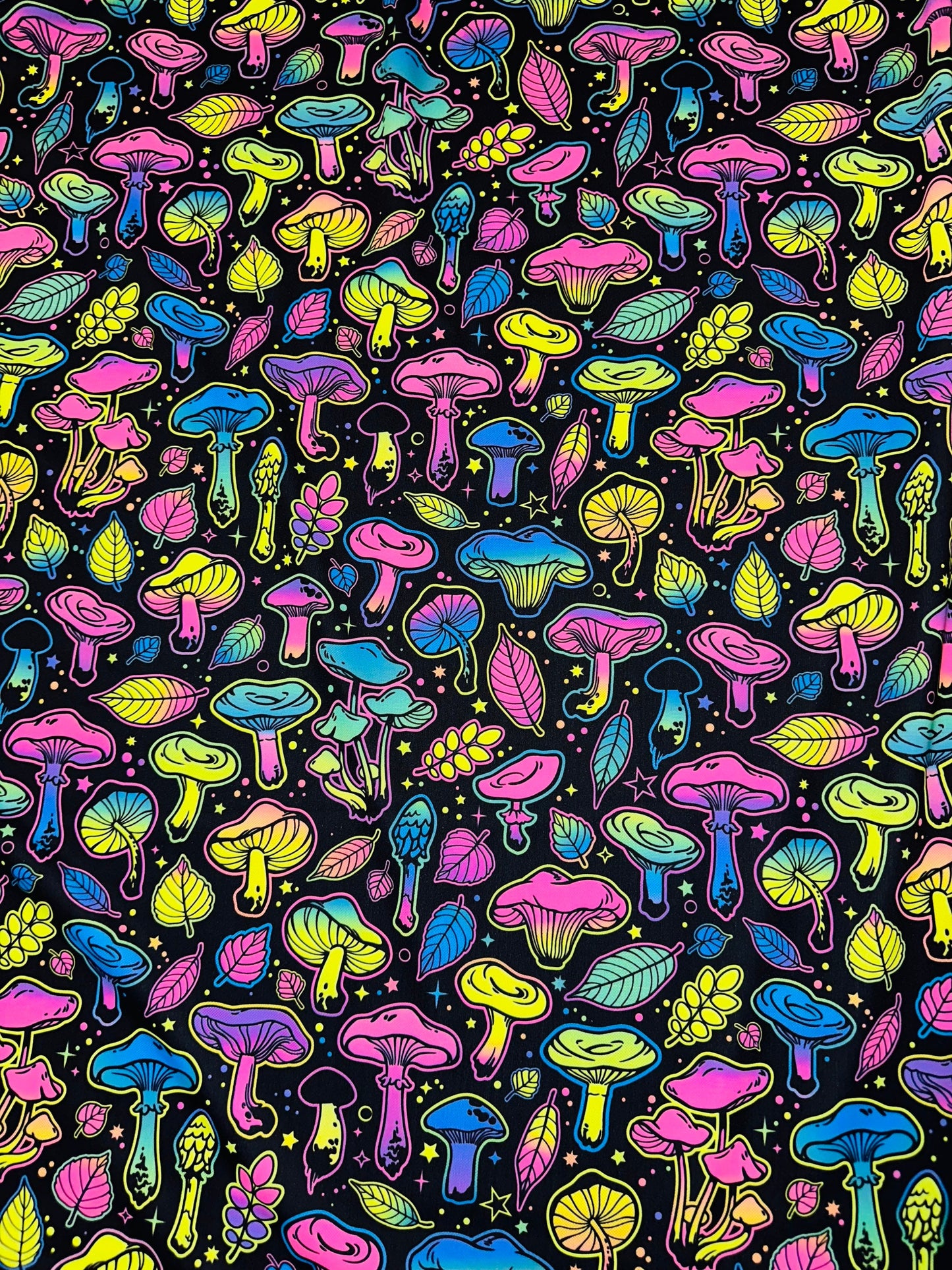 Vivid Mushrooms Luxury Digital design UV glow Neon Rainbow colors it glows under black light print on best quality of nylon spandex 4-way