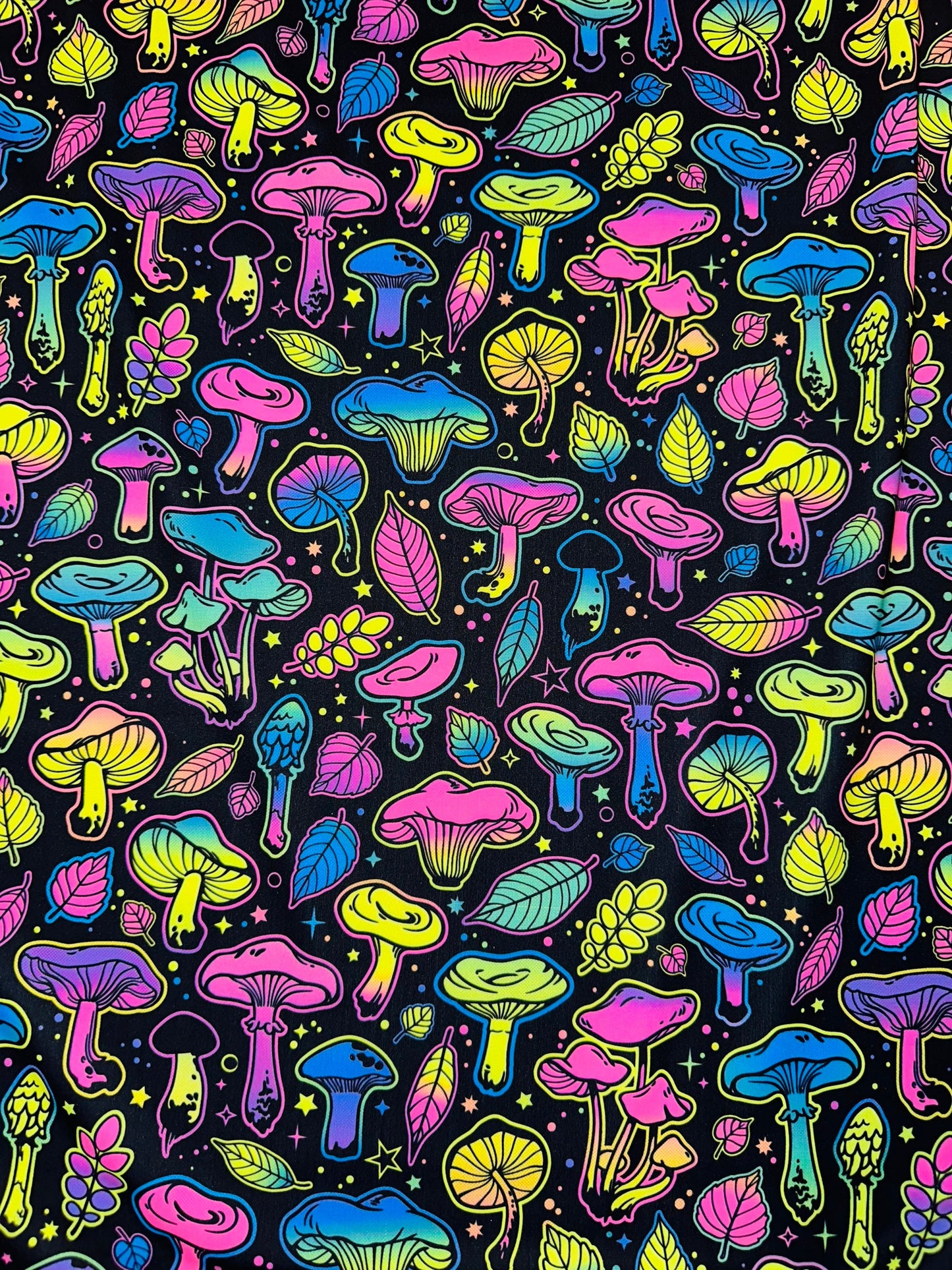 Vivid Mushrooms Luxury Digital design UV glow Neon Rainbow colors it glows under black light print on best quality of nylon spandex 4-way