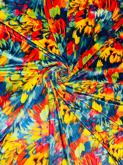 New Feathers abstract design colorful print on best quality of stretch velvet 4-way stretch 58/60” Sold by the YD.
