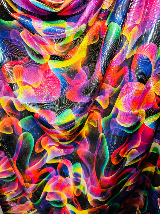 Luxury modern abstract design metallic nylon spandex with hologram foil best quality spandex 4-way stretch 58/60” Sold by the YD.