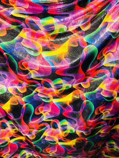 Luxury modern abstract design metallic nylon spandex with hologram foil best quality spandex 4-way stretch 58/60” Sold by the YD.