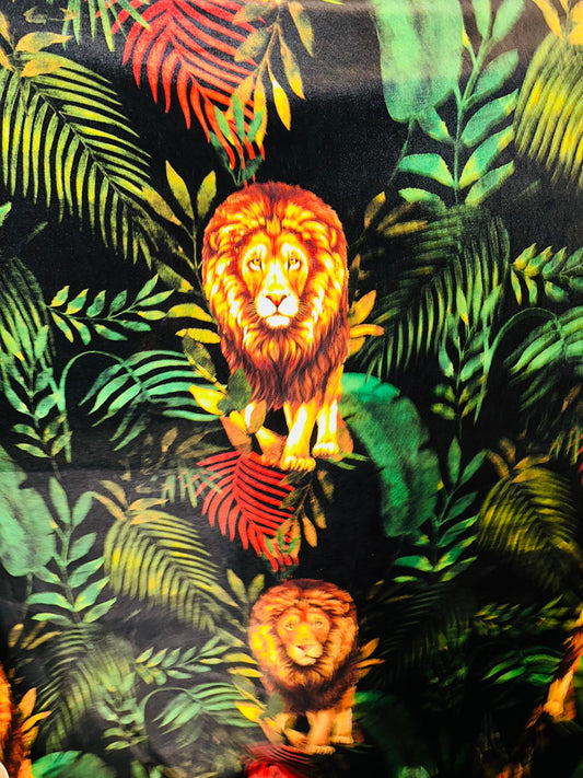 New Exotic Lion King design print on luxury stretch velvet 4-way stretch 58/60” Sold by the YD.