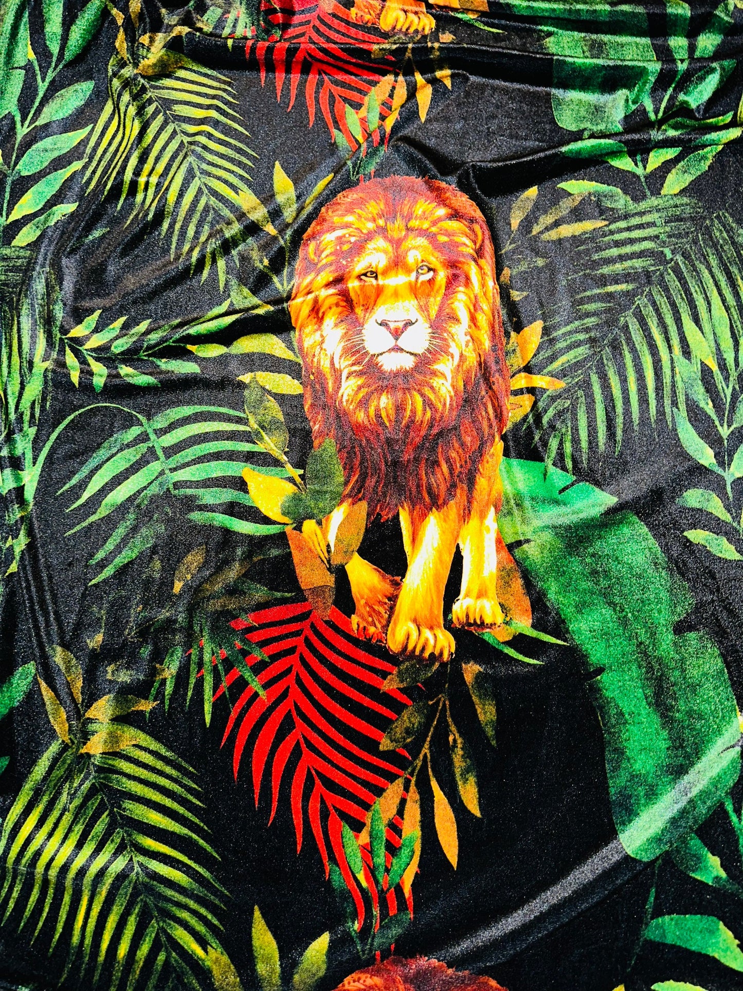 New Exotic Lion King design print on luxury stretch velvet 4-way stretch 58/60” Sold by the YD.