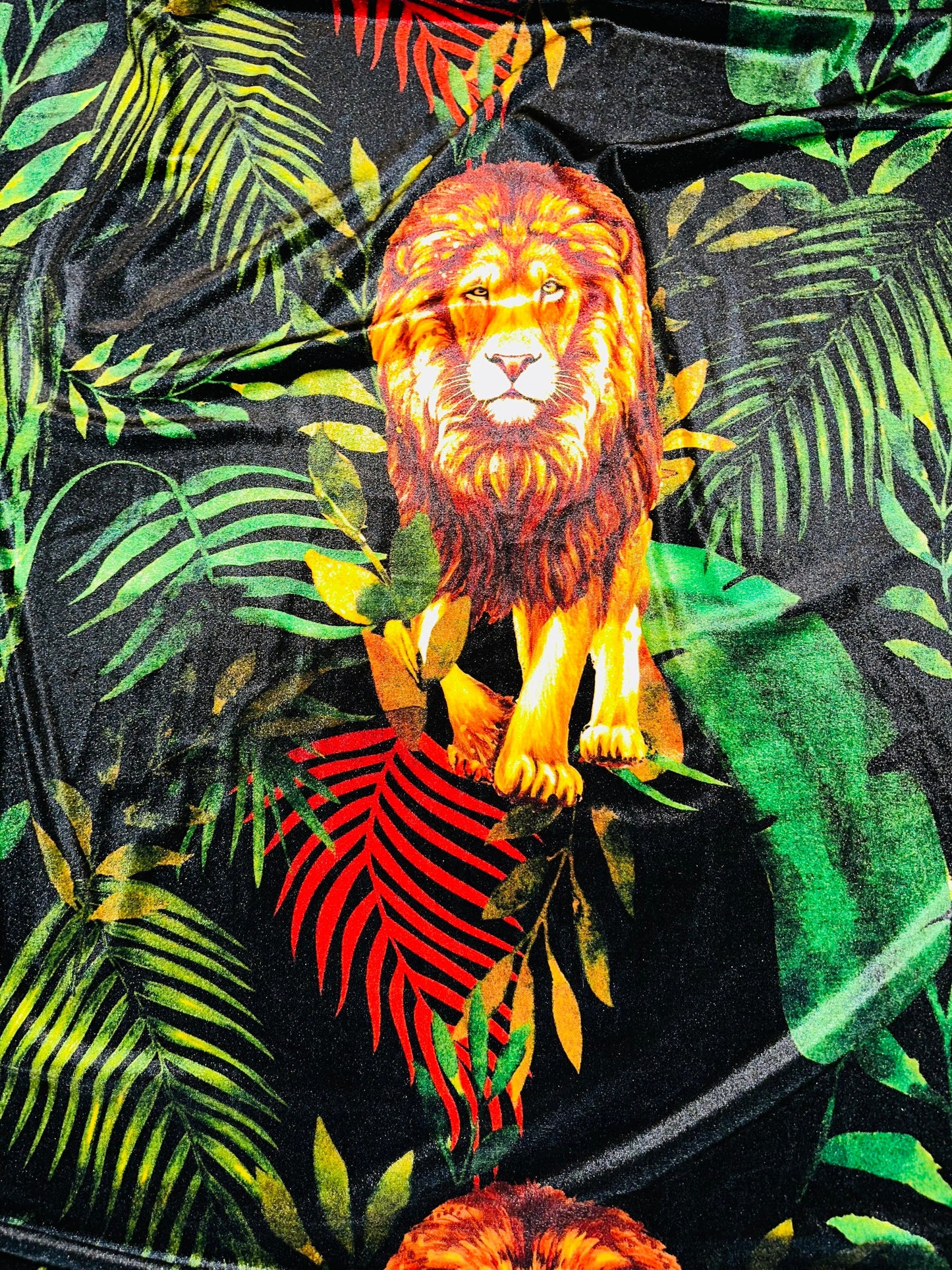 New Exotic Lion King design print on luxury stretch velvet 4-way stretch 58/60” Sold by the YD.