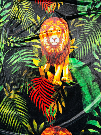 New Exotic Lion King design print on luxury stretch velvet 4-way stretch 58/60” Sold by the YD.