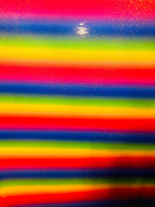 Rainbow design hologram metallic nylon spandex 4-way stretch 58/60” Sold by the YD. Ships worldwide from Los Angeles California USA