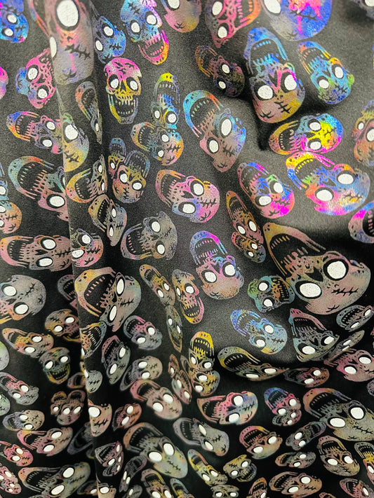 New Terminator skulls design multicolor metallic nylon spandex 4-way stretch 58/60” Sold by the YD.
