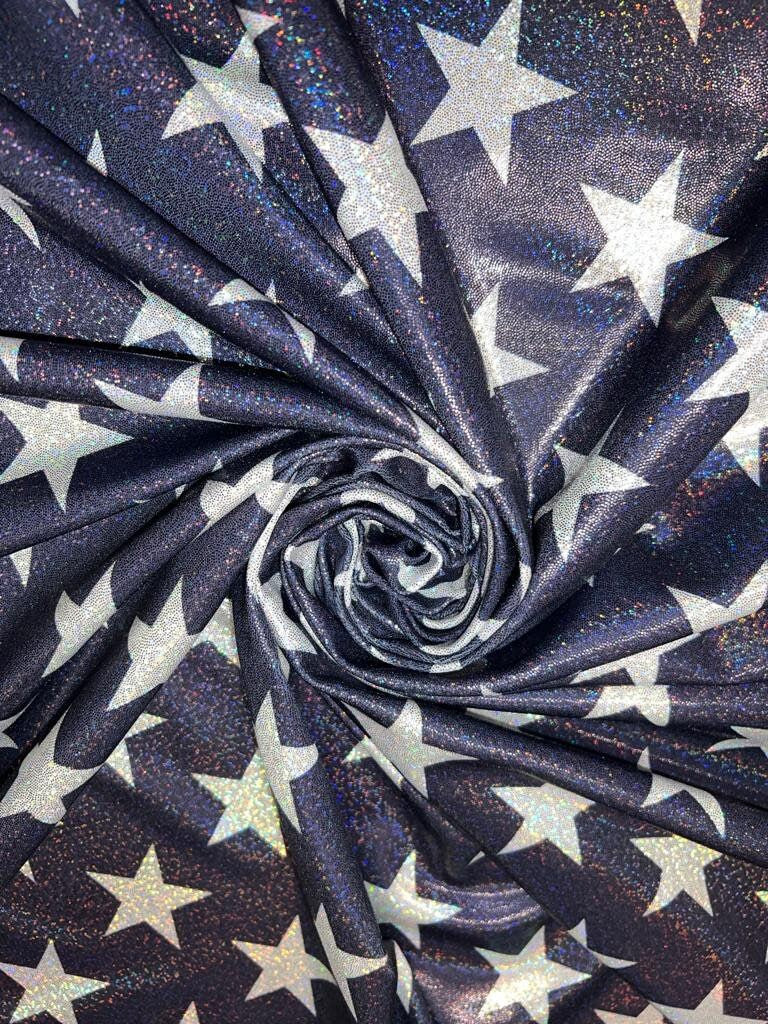 Stars freedom design metallic hologram nylon spandex 4-way stretch 58/60” Multicolor Sold by the YD.