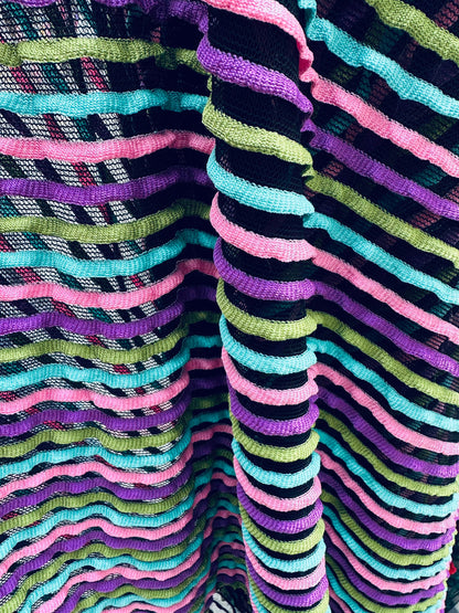 New Ruffle design stretch mesh Black/multicolor 2-way stretch 58/60” Sold by the YD. Ships worldwide from Los Angeles California USA