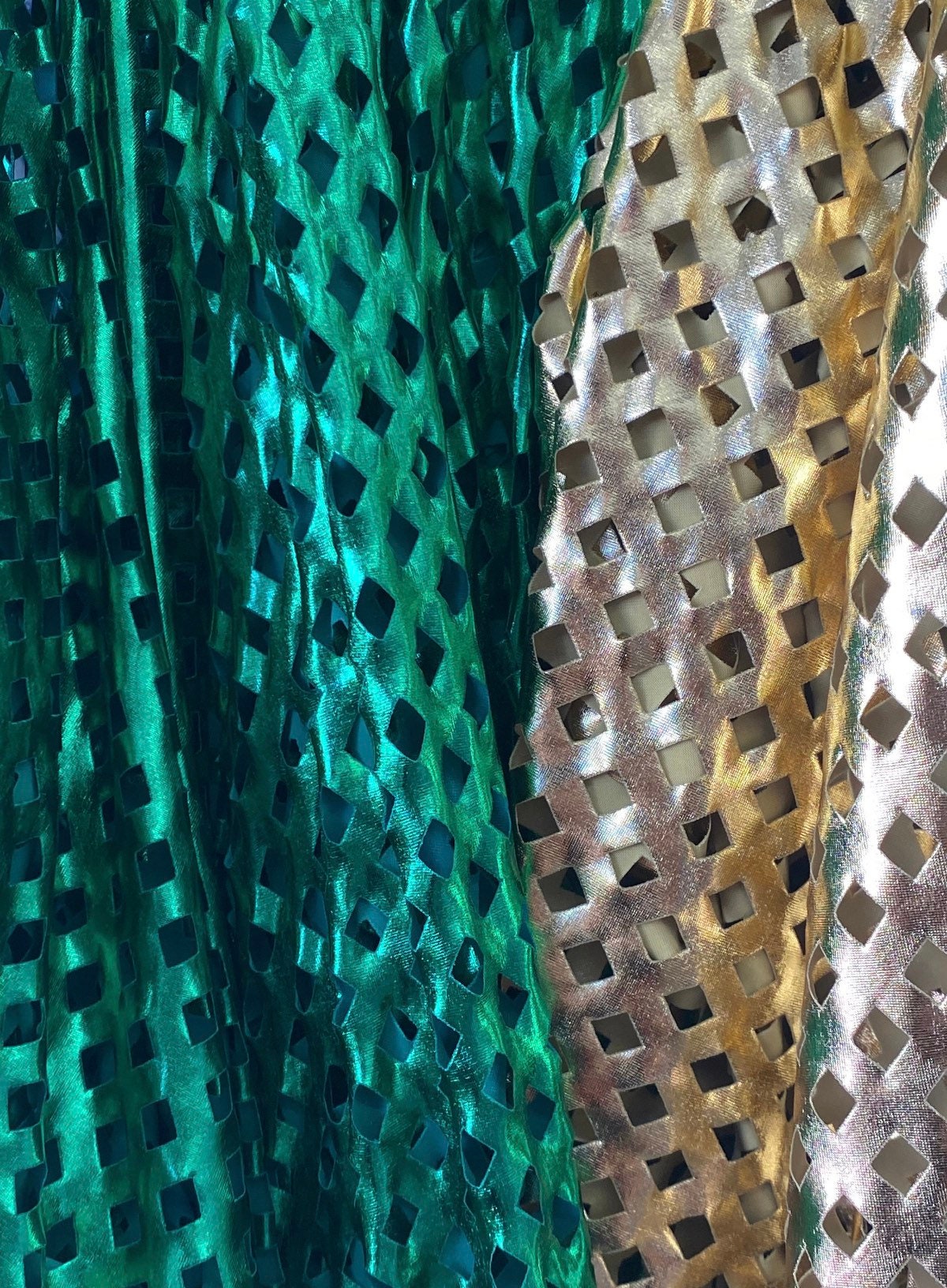 Geometric Lacer cut all over foil nylon spandex 4-way stretch 58/60” Sold by the YD. Ships worldwide from Los Angeles California USA
