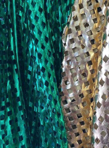 Geometric Lacer cut all over foil nylon spandex 4-way stretch 58/60” Sold by the YD. Ships worldwide from Los Angeles California USA