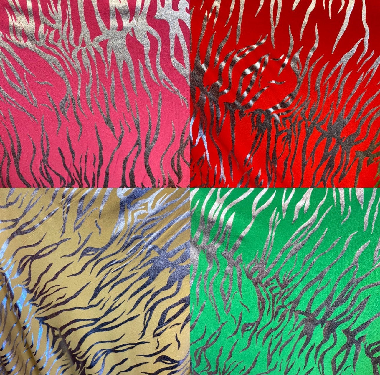 Exotic zebra design metallic poly spandex 4-way stretch 58/60” Sold by the YD. Ships worldwide from Los Angeles California USA